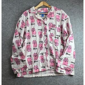 Leisureland Pink Cat Meow Flannel Pajama Set Womens 100% Cotton Size Large